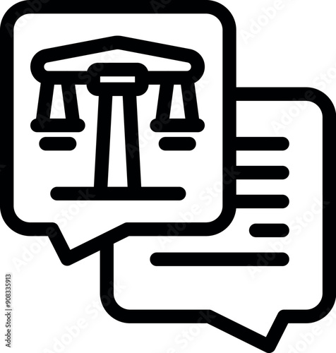 Lawyers are discussing a lawsuit with scales of justice in a speech bubble