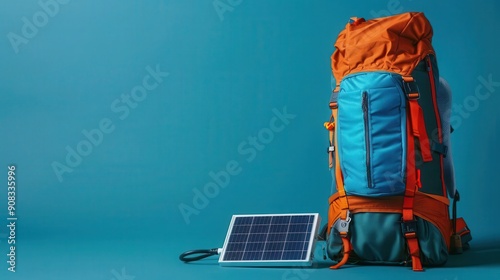 Advanced hiking gear with a solar charger, designed for offgrid expeditions, side view, showcasing renewable energy use, advanced tone, vivid colors, copy space for text