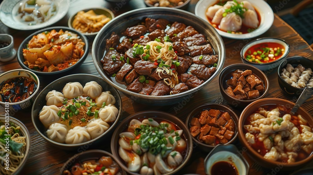 Chinese Food Feast: A Delicious Table Spread of Dishes, Illustration Chinese Food Feast: A Delicious Table Spread of Dishes, Illustration