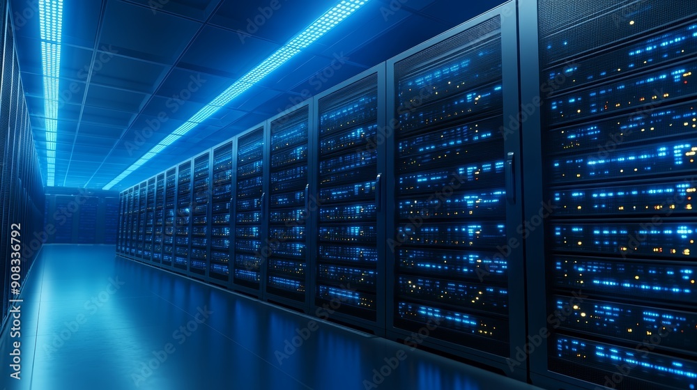 Modern Data Center with Blue Server Lights Modern Data Center with Blue Server Lights