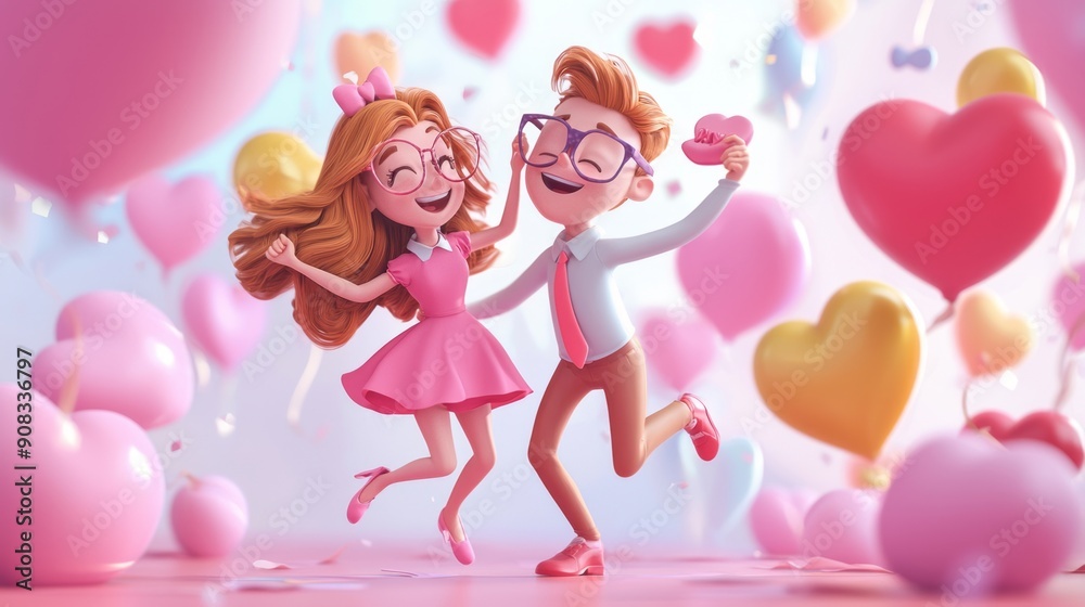 Cute Cartoon Couple Valentine's Day Dance - 3D Illustration Cute Cartoon Couple Valentine's Day Dance - 3D Illustration