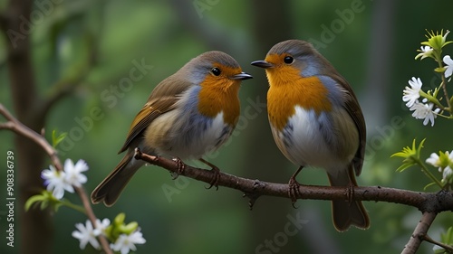 robin on branch pair of birds beautiful birds flowerin