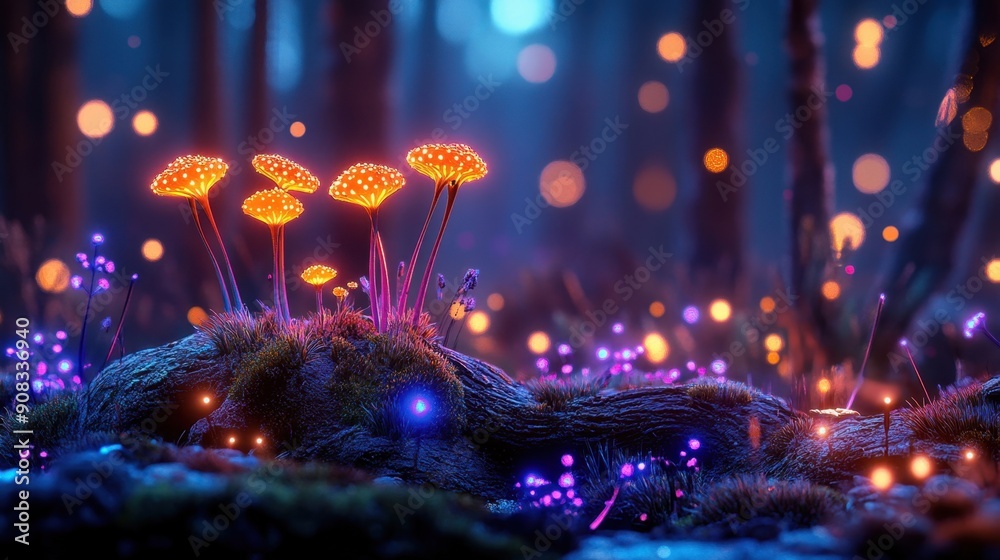 Fototapeta premium Ethereal forest, glowing plants and animals