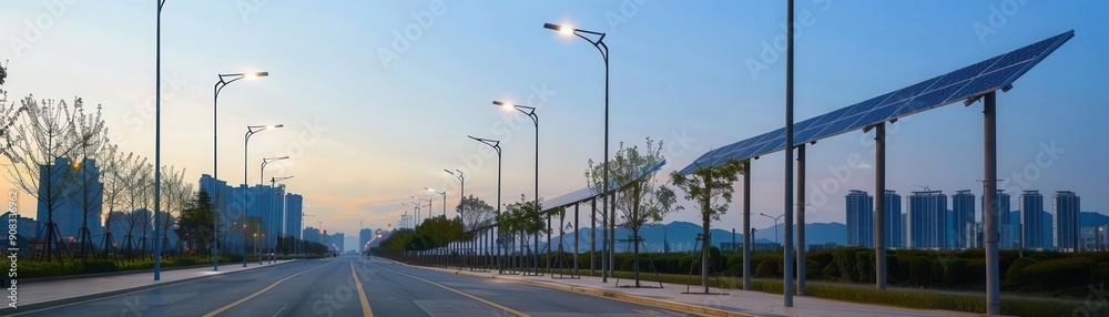 Modern urban area with solarpowered streetlights Modern urban area with solarpowered streetlights