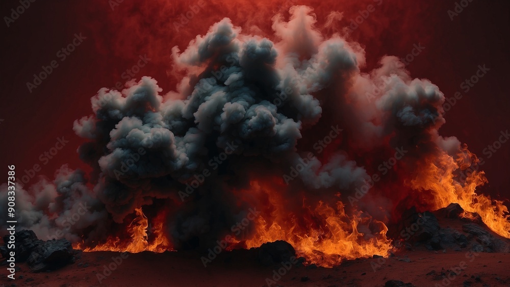 Volcanic eruption with smoke and flames in the background. Volcanic eruption with smoke and flames in the background.