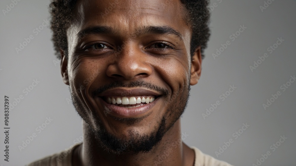 Obraz premium Man smiles warmly with a white T-shirt against gray background