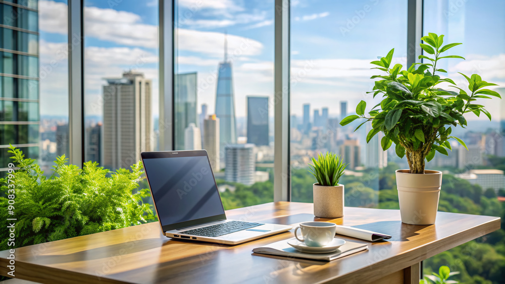 Modern minimalist office desk with sleek laptop, notebook, and pens, surrounded by calm green plants, against a blurred cityscape background through glass wall. Modern minimalist office desk with sleek laptop, notebook, and pens, surrounded by calm green plants, against a blurred cityscape background through glass wall.