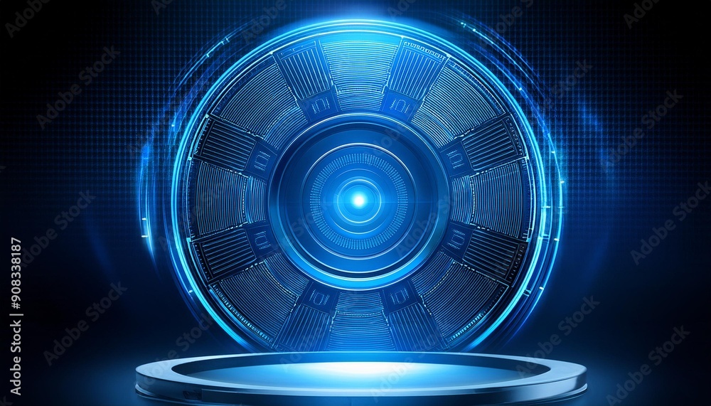 Glowing blue technical, futuristic disc as a podium for high-tech products. Concept banner for the future, technology and innovation with lots of negative space, future technology Glowing blue technical, futuristic disc as a podium for high-tech products. Concept banner for the future, technology and innovation with lots of negative space, future technology