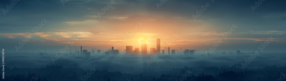 Fototapeta premium City skyline at sunrise with fog