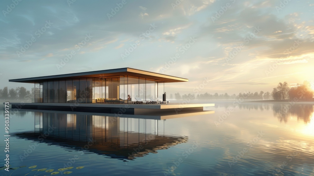 Floating building concept hovering above a reflective water surface Floating building concept hovering above a reflective water surface