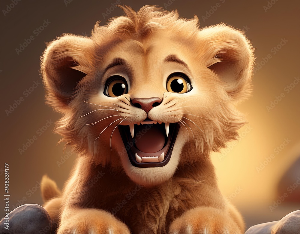 A playful lion cub with a wide toothy grin A playful lion cub with a wide toothy grin