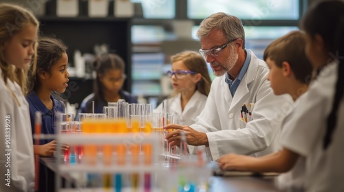 A modern science lab where students are conducting a chemistry experiment, with test tubes and beakers, guided by their teacher, highlighting the importance of hands-on learning and the excitement of