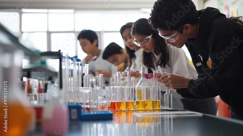 A modern science lab where students are conducting a chemistry experiment, with test tubes and beakers, guided by their teacher, highlighting the importance of hands-on learning and the excitement of