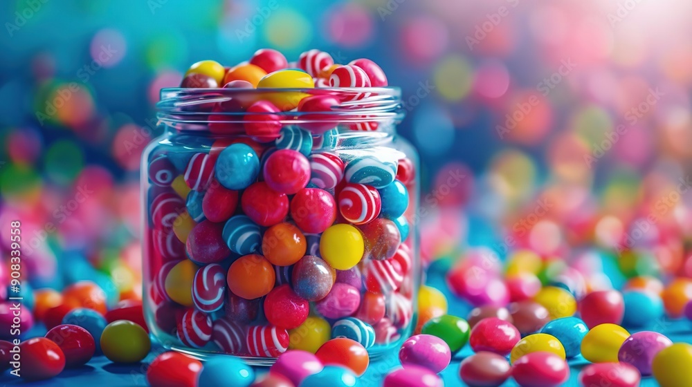 Colorful Gummy Candies in Glass Jar on Blue Background - Realistic 3D Render Colorful Gummy Candies in Glass Jar on Blue Background - Realistic 3D Render