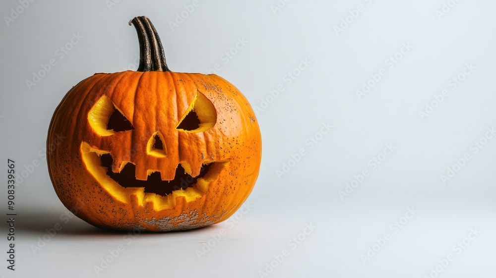 Carved jack-o'-lantern with menacing face against plain background Carved jack-o'-lantern with menacing face against plain background