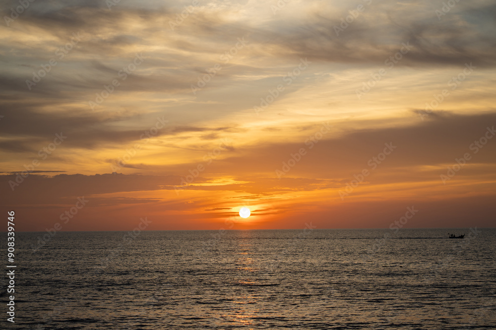 Landscape of sunset over the sea with a single boat. Landscape of sunset over the sea with a single boat.