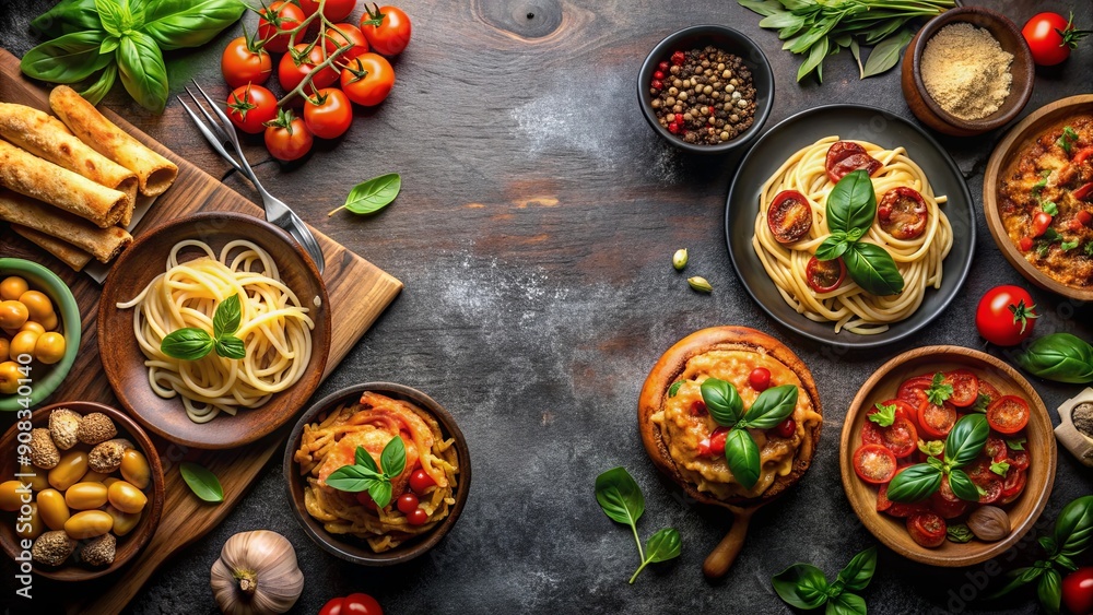 Traditional Italian food dishes on dark background , Italian, food, cuisine, pasta, pizza, spaghetti, delicious Traditional Italian food dishes on dark background , Italian, food, cuisine, pasta, pizza, spaghetti, delicious
