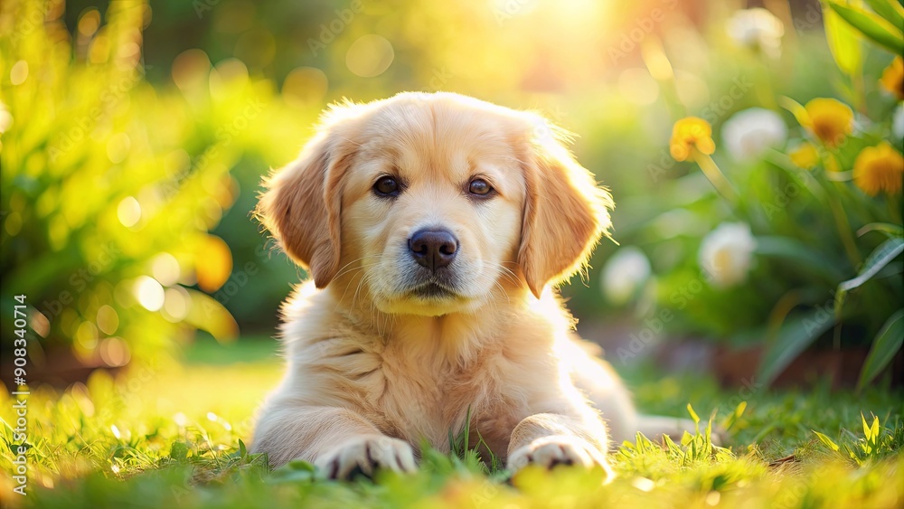 Close-up photo of a fluffy golden retriever puppy resting in a sunny garden, dogs, pet, animals, cute, furry Close-up photo of a fluffy golden retriever puppy resting in a sunny garden, dogs, pet, animals, cute, furry