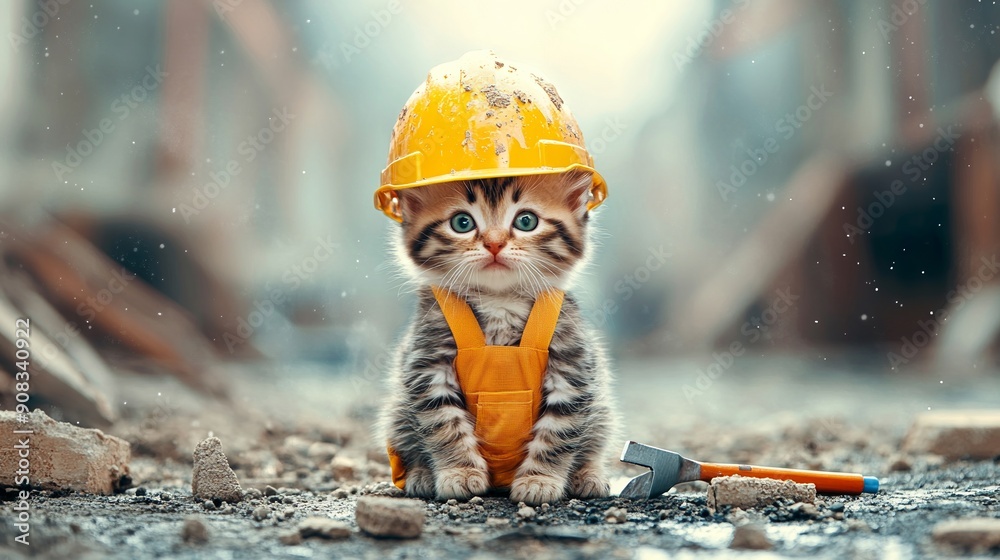 Fototapeta premium Kitten builder. Construction site background