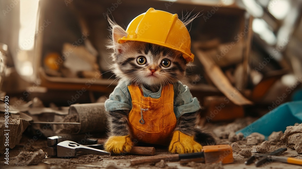 Kitten builder. Construction site background Kitten builder. Construction site background