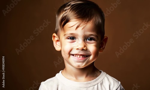 Portrait of a cute little boy on a brown backgroundStudio shot. photo