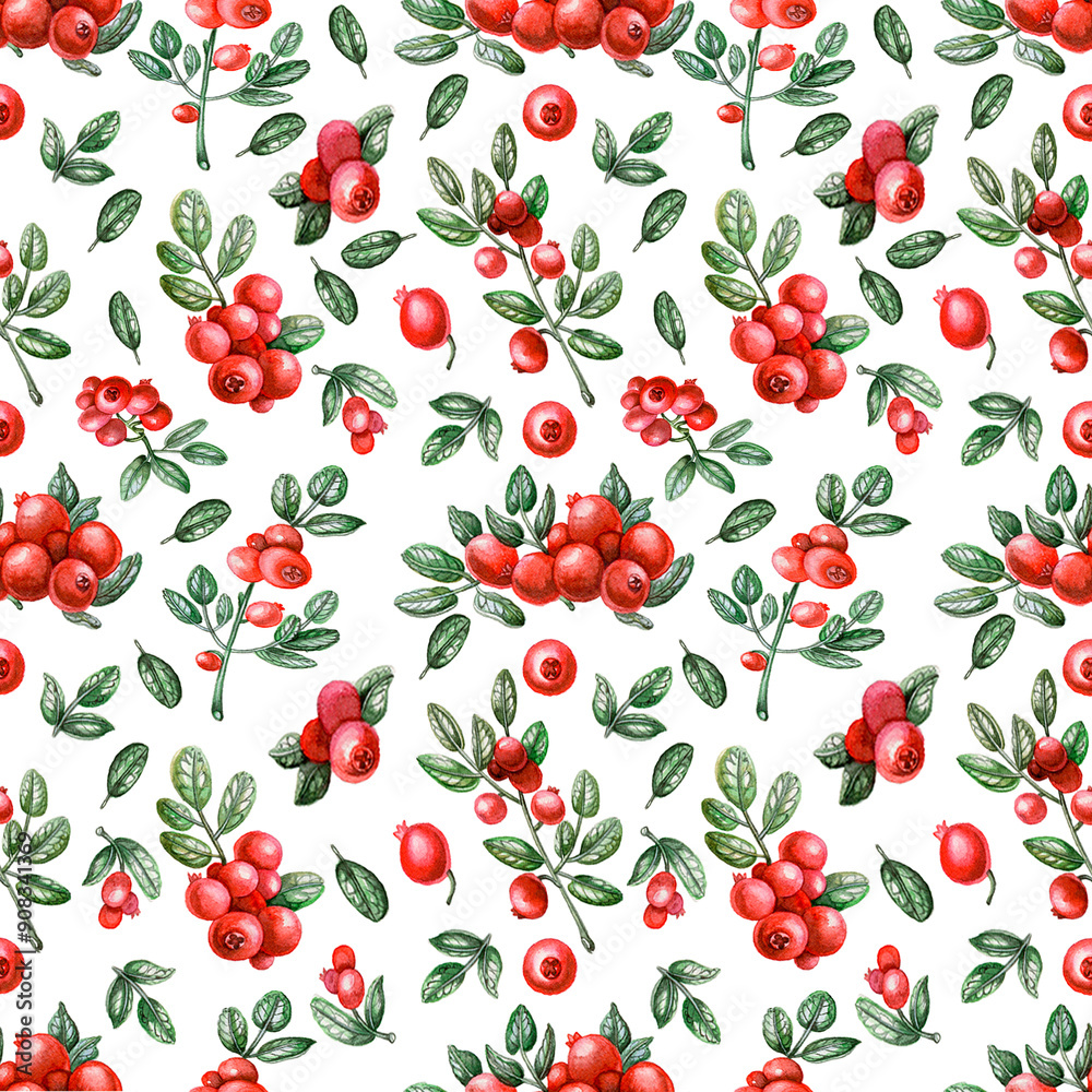 Seamless pattern with red berries and green leaves. Botanical texture for wrapping paper, decoupage, fabric and wallpaper design. On white background. Seamless pattern with red berries and green leaves. Botanical texture for wrapping paper, decoupage, fabric and wallpaper design. On white background.