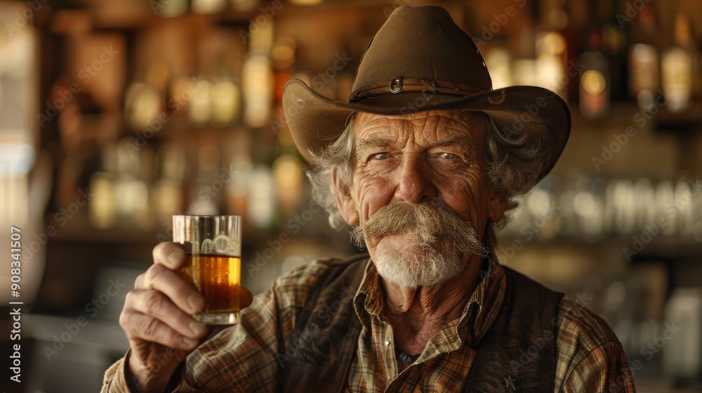 Old worn cowboy in a saloon holding a glass of whiskey Old worn cowboy in a saloon holding a glass of whiskey
