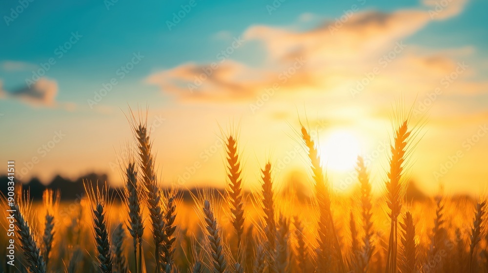 Golden wheat field at sunset with colorful sky Golden wheat field at sunset with colorful sky