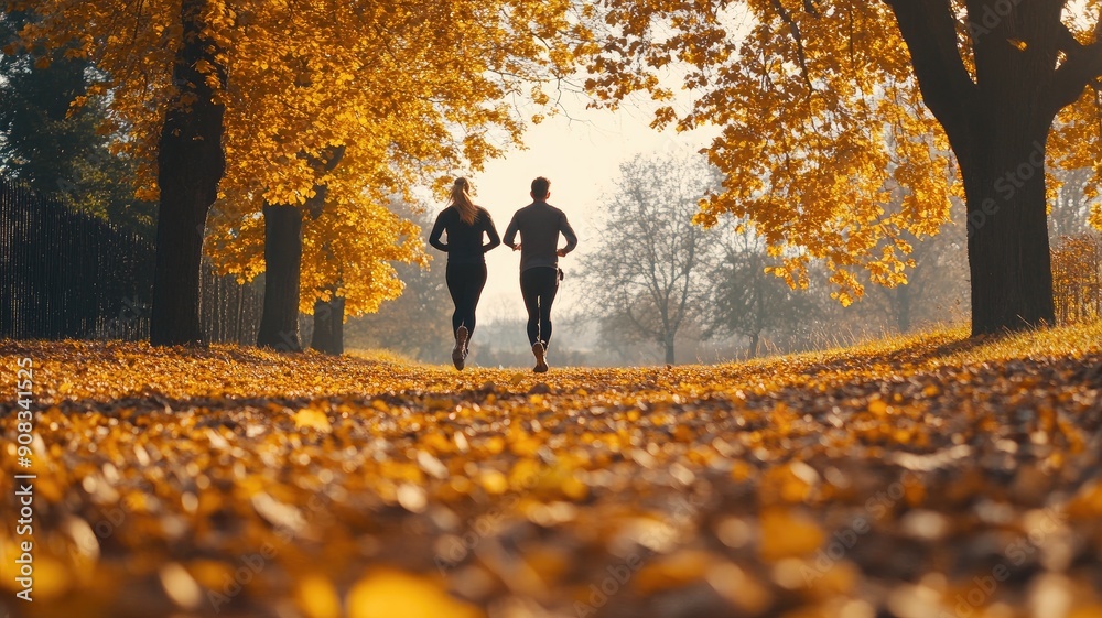 Two people jogging on leafy autumn path lined with trees Two people jogging on leafy autumn path lined with trees