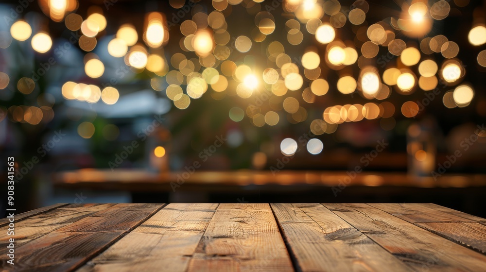 wooden table against an abstract blurred background of restaurant lights wooden table against an abstract blurred background of restaurant lights