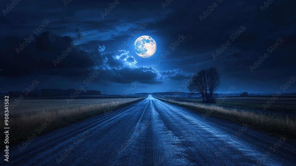 Fototapeta premium Moonlit rural road stretches into distance under cloudy night sky