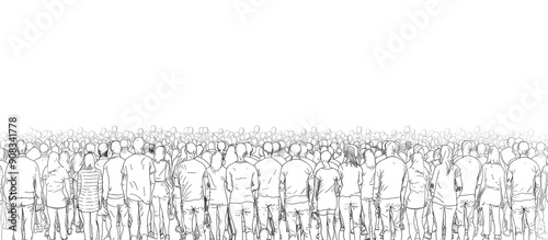 Group of silhouettes of people standing side by side in black outline on transparent background