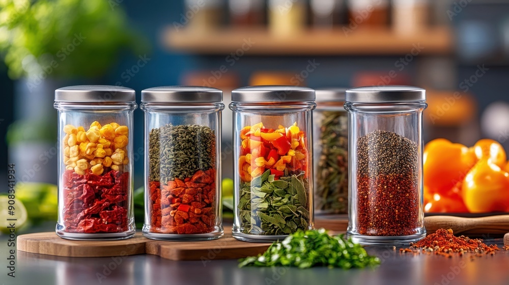 Spice jars, kitchen counter Spice jars, kitchen counter