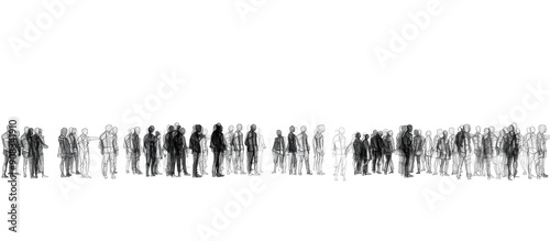 Group of silhouettes of people standing side by side in black outline on transparent background