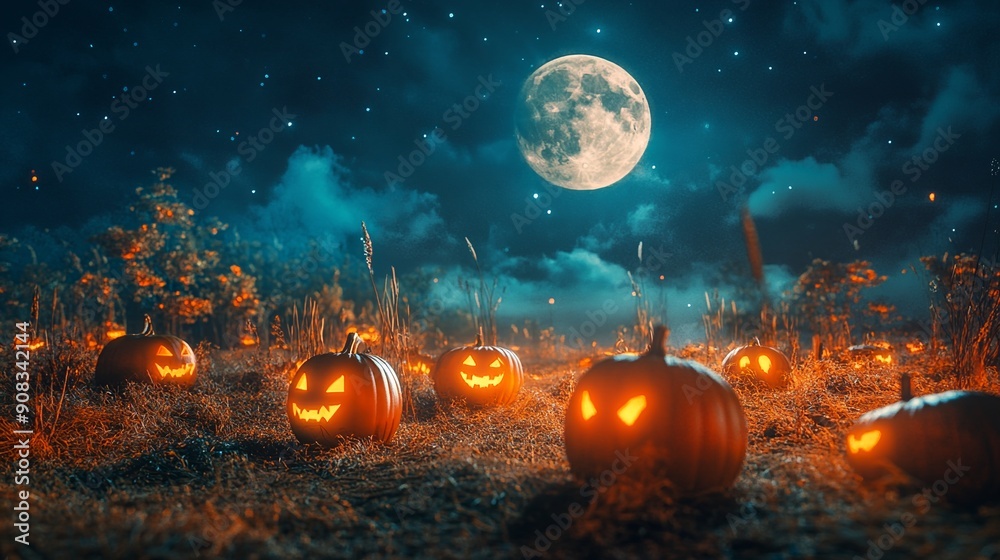 Pumpkins under full moon. Halloween background Pumpkins under full moon. Halloween background