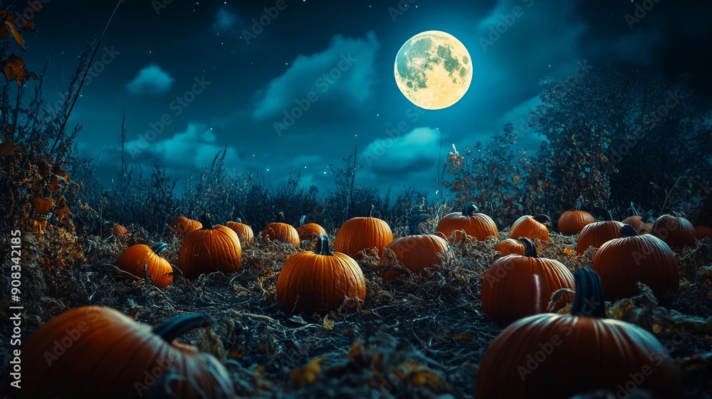 Pumpkins under full moon. Halloween background Pumpkins under full moon. Halloween background