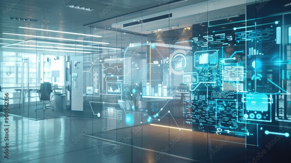 High-tech office environment with smart glass walls High-tech office environment with smart glass walls