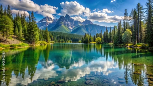 Tranquil lake surrounded by trees reflecting the mountains , beautiful, nature, scenery, lake, trees, reflection, mountains, tranquil