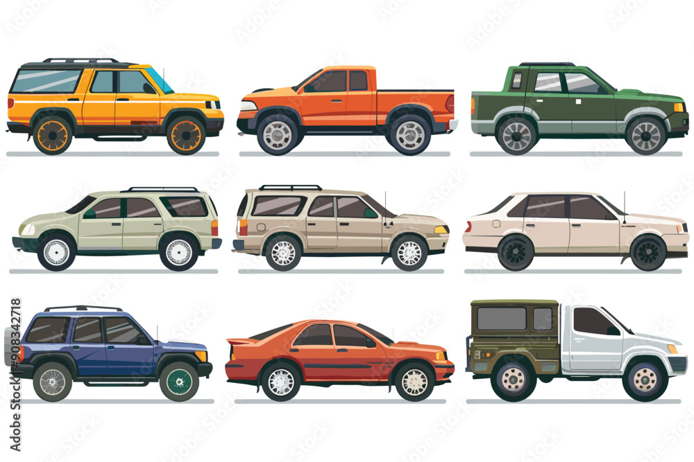 Naklejka premium Set of luxury vehicles, Modern auto vehicles, Colorful cartoon cars collection, Set of different model cars, Flat car collection, Vector illustration