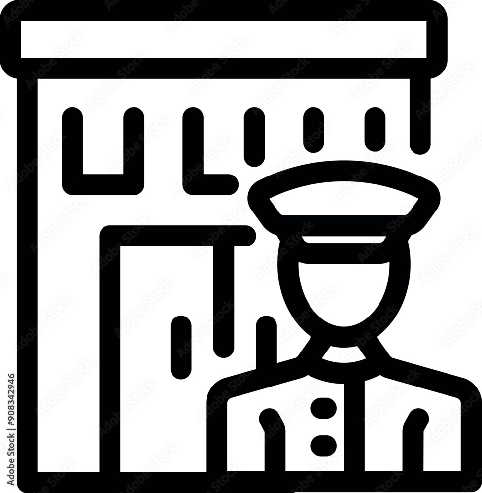 Line art icon of a security guard standing in front of a building entrance Line art icon of a security guard standing in front of a building entrance