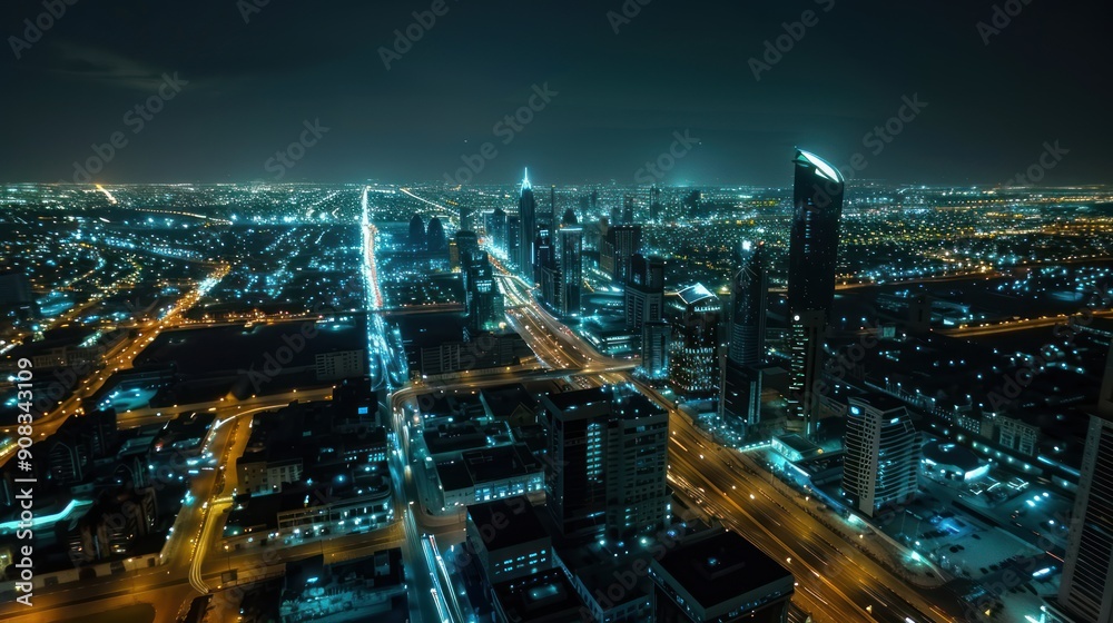 Obraz premium Night view of downtown with tall skyscrapers light street background aerial view angle