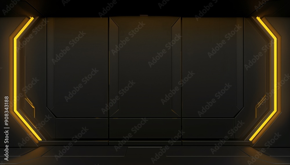 A Futuristic Black Room with Bright Yellow Lights Illuminating the Edges of the Geometric Panels A Futuristic Black Room with Bright Yellow Lights Illuminating the Edges of the Geometric Panels