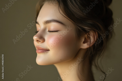 A close up of a girl's face with her eyes closed