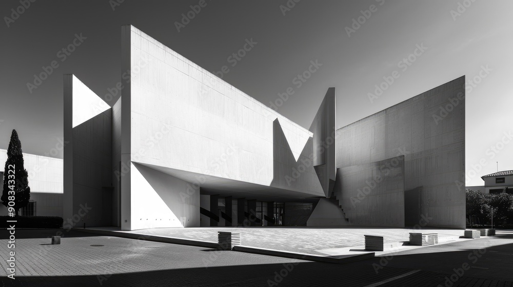 Minimalist white building with sharp angles and shadow play Minimalist white building with sharp angles and shadow play