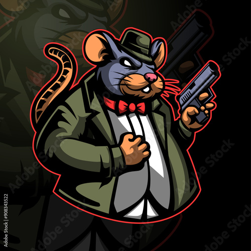 Mascot Logo Esport Mafia Rat Holding Gun photo