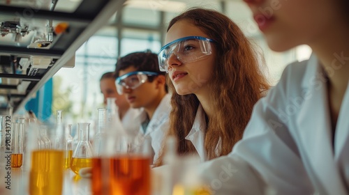A vibrant and dynamic scene in a university lab where students are conducting experiments, wearing lab coats and safety goggles, each group working on different scientific projects, from chemistry to
