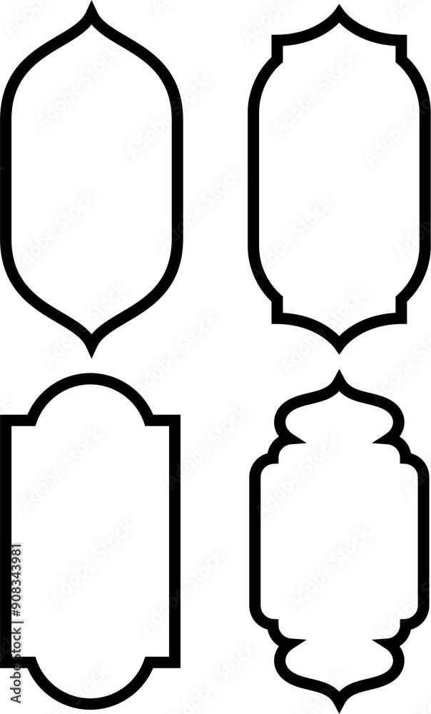Shape Islamic door and window silhouette Arabic arch. Collection of patterns in oriental style. Frames in Arabic Muslim design for Ramadan Kareem. Vector mosque gate stroke isolated on white Shape Islamic door and window silhouette Arabic arch. Collection of patterns in oriental style. Frames in Arabic Muslim design for Ramadan Kareem. Vector mosque gate stroke isolated on white