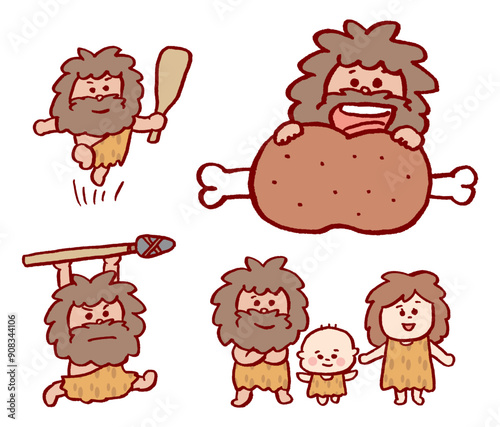 大きな肉を食べたりするカワイイ原始人のキャラ素材