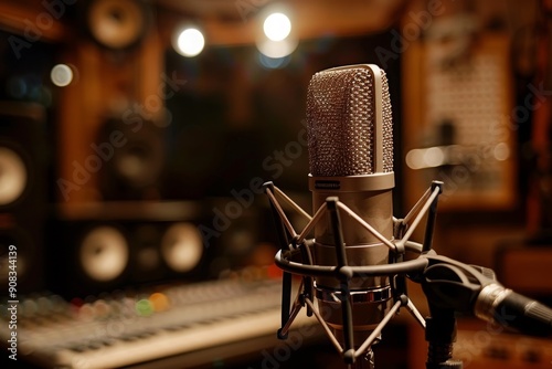 Close up of a microphone in music recording studio.