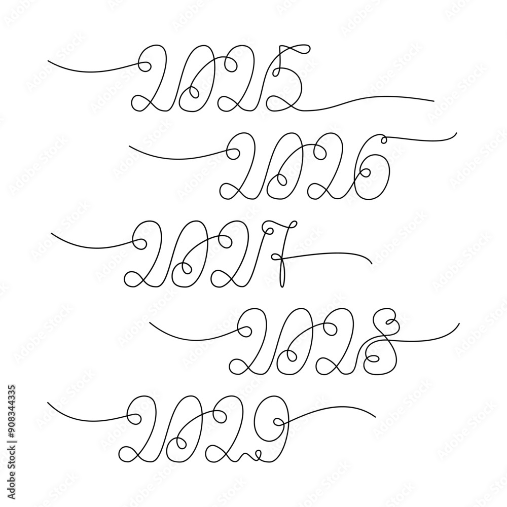 2025 2026 2027 2028 2029 New Year date with one continuous line. Set of 5 design elements Isolated 2025 2026 2027 2028 2029 New Year date with one continuous line. Set of 5 design elements Isolated